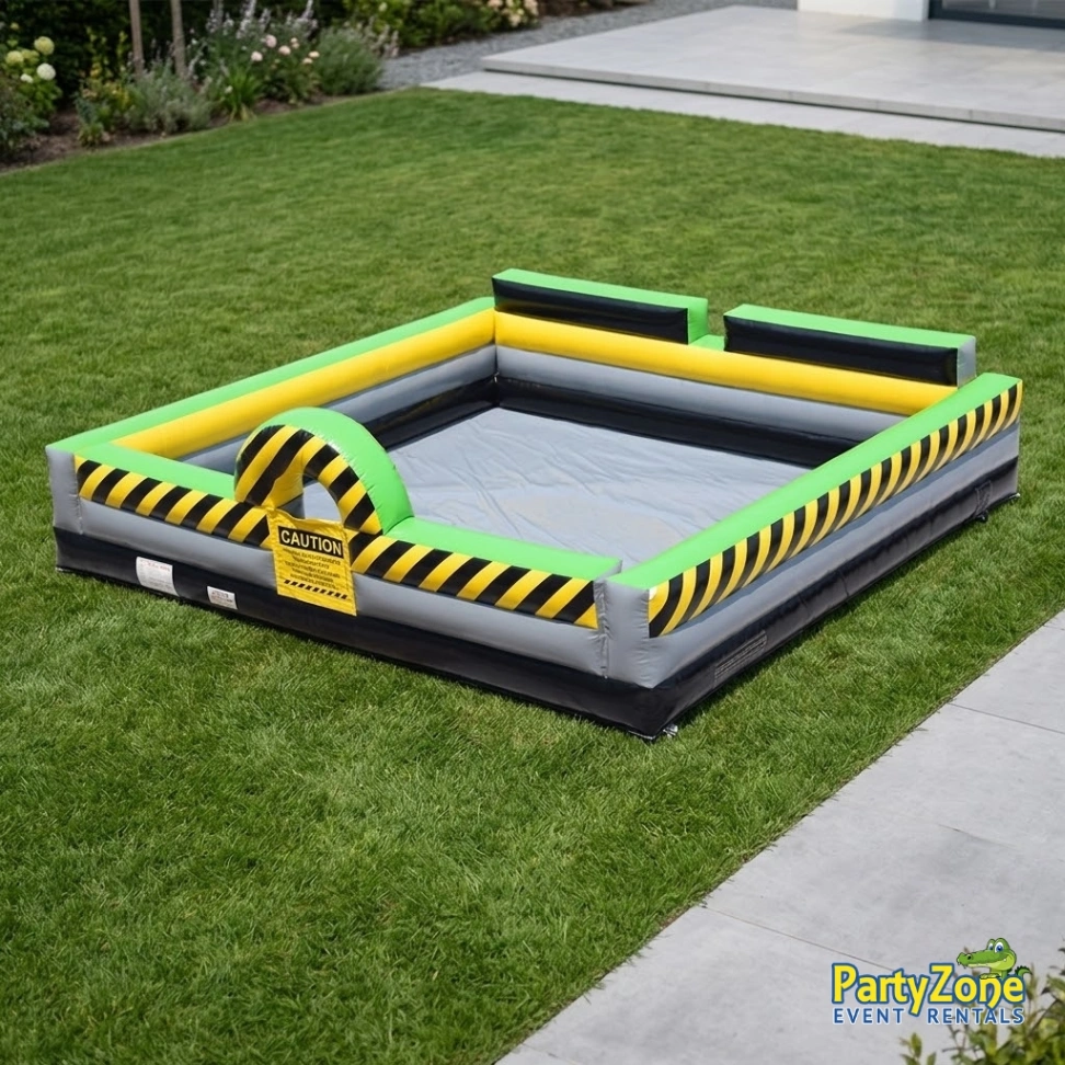 Caution inflatable foam pit rental for Harahan LA teen foam parties, bold graphics and safe walls