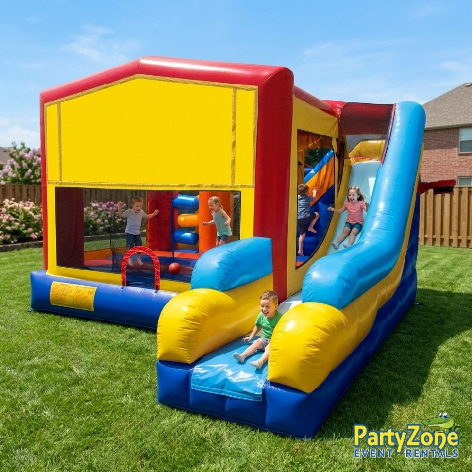 Modular 7-in-1 combo bounce house rental for Harahan LA community events, holds 10-12 kids